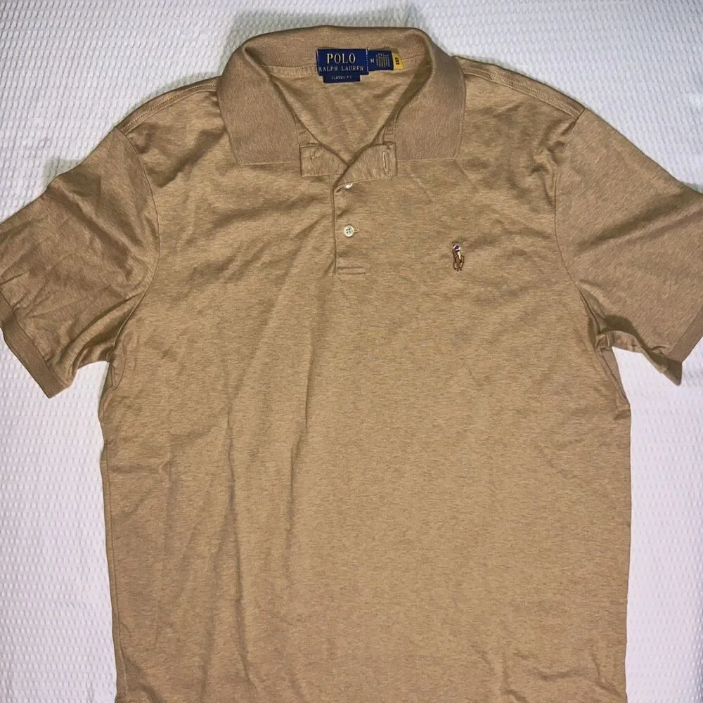 Polo Ralph Lauren Mens M Classic Fit Short Sleeve Polo Shirt Tan/Beige Pony